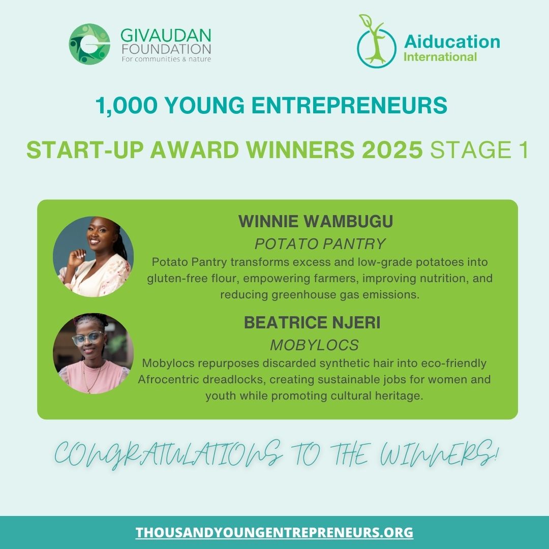 Aiducation's tweet image. We are delighted to announce the 5 winners of the Stage 1 Startup Fund Award in the 1,000 Young Entrepreneurs Program from #Kenya!

Huge thanks to @Givaudan for sponsoring and our jury for their support. Here's to empowering innovators in 2025! 🚀
#Entrepreneurship