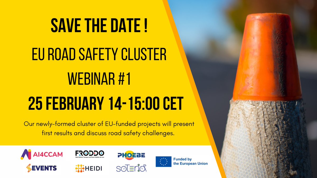 Tree Technology's R&D (@tree_rd) on Twitter photo 🚨 Save the date! 🚨
The EU Road Safety Cluster hosts its 1st webinar!
🗓️ 25 Feb | ⏰ 14:00–15:00 CET
Discover how 5 EU-funded projects—AI4CCAM, HEIDI, EVENTS, Phoebe & SOTERIA—are shaping safer urban mobility with AI, analytics & innovation.
#RoadSafety #EUProjects 🚨 Save the date! 🚨
The EU Road Safety Cluster hosts its 1st webinar!
🗓️ 25 Feb | ⏰ 14:00–15:00 CET
Discover how 5 EU-funded projects—AI4CCAM, HEIDI, EVENTS, Phoebe & SOTERIA—are shaping safer urban mobility with AI, analytics & innovation.
#RoadSafety #EUProjects