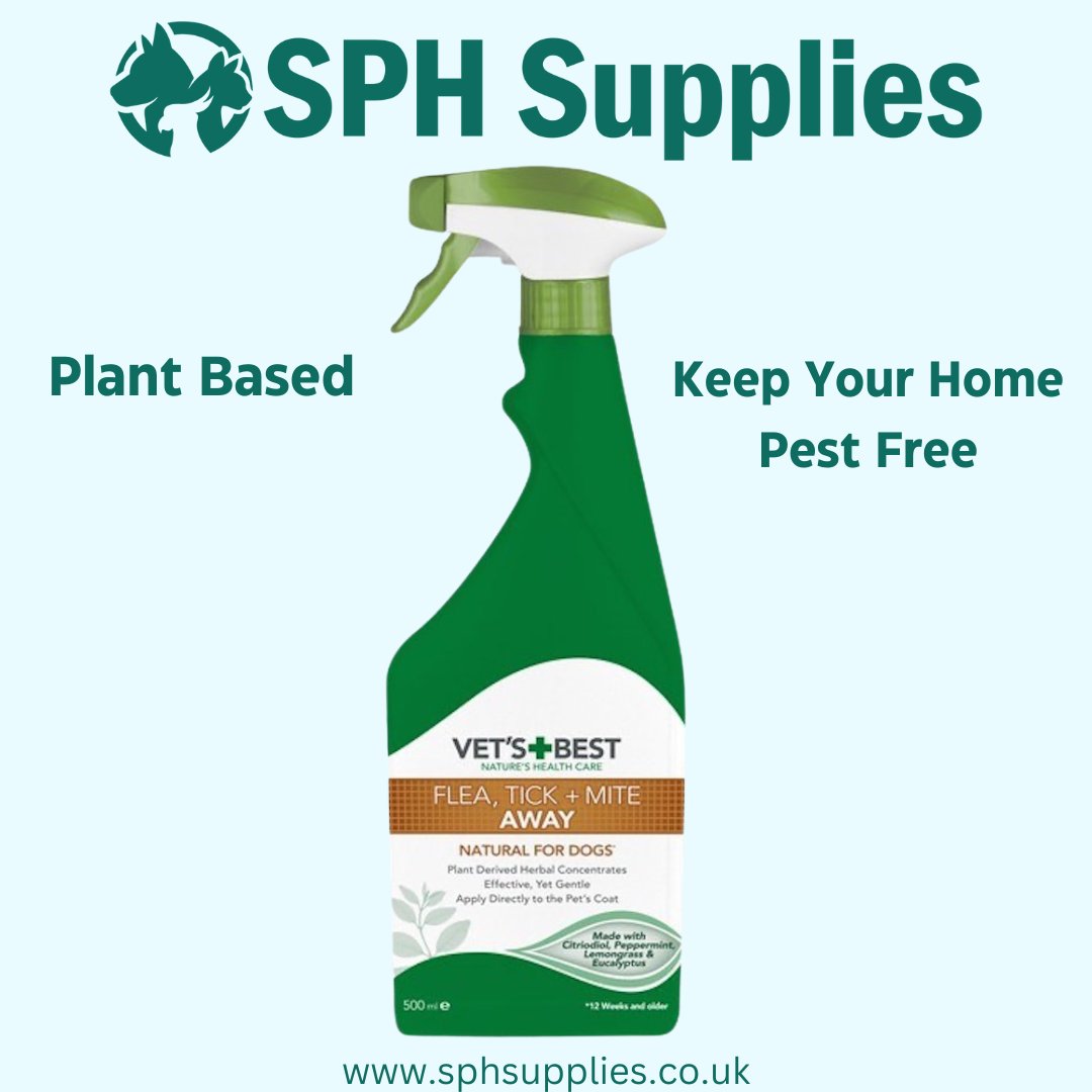 Vet’s Best Natural Flea Tick &amp; Mite Away For Dogs is a natural spray formulated from powerful plant extracts that helps to reduce the occurrence of flea infestations around the home.
500ml spray £10.14
sphsupplies.co.uk/shop/dogs-15/h… #fleaspray #homefleaspray #dogs