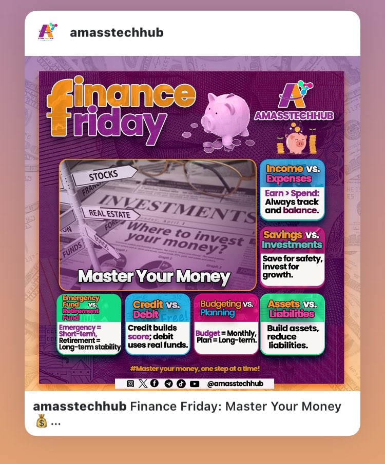amasstechhub's tweet image. Finance Friday: MYM
Understanding basic financial concepts is the first step to financial freedom.
Key Tip: Start small—track your spending, save consistently, and invest wisely for a brighter financial future!
Read More Here: amasstechgh.com/2025/01/financ…
©️ AMASS TECH HUB