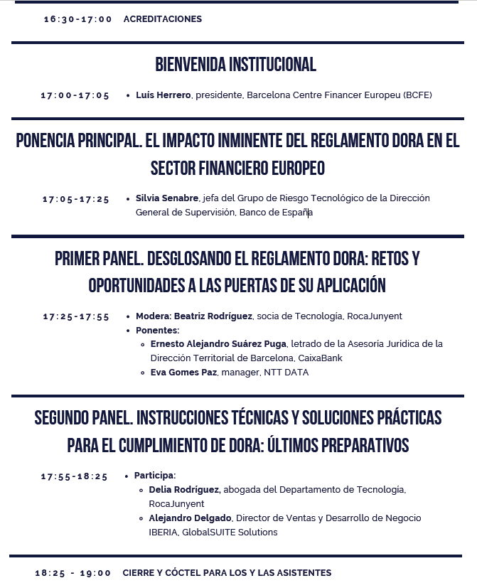 BCFE - Barcelona Centre Financer Europeu (@bcn_ctr_fin_eur) on Twitter photo 📢 ¿Aún no se ha apuntado? | #DORA a la vuelta de la esquina
📅 15.01 - 17h
📍 Bolsa de Barcelona
▶️ Programa: barcelonacentrefinancer.org/wp-content/upl…
▶️ Inscripción: docs.google.com/forms/d/e/1FAI…
<a href="/bcn_ctr_fin_eur/">BCFE - Barcelona Centre Financer Europeu</a> <a href="/Roca_Junyent/">RocaJunyent</a> <a href="/BancoDeEspana/">Banco de España</a> <a href="/caixabank/">CaixaBank</a> <a href="/NTTDataSpain/">NTT DATA España</a> <a href="/global_suite/">GlobalSuite Solutions</a> 📢 ¿Aún no se ha apuntado? | #DORA a la vuelta de la esquina
📅 15.01 - 17h
📍 Bolsa de Barcelona
▶️ Programa: barcelonacentrefinancer.org/wp-content/upl…
▶️ Inscripción: docs.google.com/forms/d/e/1FAI…
<a href="/bcn_ctr_fin_eur/">BCFE - Barcelona Centre Financer Europeu</a> <a href="/Roca_Junyent/">RocaJunyent</a> <a href="/BancoDeEspana/">Banco de España</a> <a href="/caixabank/">CaixaBank</a> <a href="/NTTDataSpain/">NTT DATA España</a> <a href="/global_suite/">GlobalSuite Solutions</a>