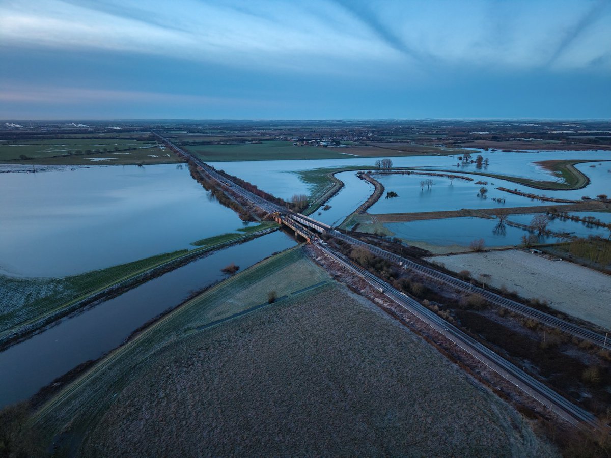Drone shot showing the flooding around Temple Hurst Junction on the ECML, it has receeded quite a lot, just a few days ago you couldn’t tell the river from the fields, presenting a challenge for both the railway and farmers alike. #flooding #weather <a href="/networkrail/">Network Rail</a> <a href="/StoryContractng/">Story Contracting</a>