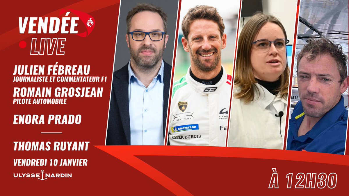 VendeeGlobe's tweet image. 📺 𝗩𝗲𝗻𝗱𝗲́𝗲 𝗟𝗶𝘃𝗲 𝗮̀ 𝟭𝟮𝗵𝟯𝟬 !

Aujourd&apos;hui, nous joindrons @ThomasRuyant, @Julien_FEBREAU, journaliste et commentateur F1 sera présent en plateau aux Sables d&apos;Olonne, et @RGrosjean, pilote automobile, ainsi qu&apos;Enora Prado, chercheuse à l&apos;IFREMER, seront avec nous en…