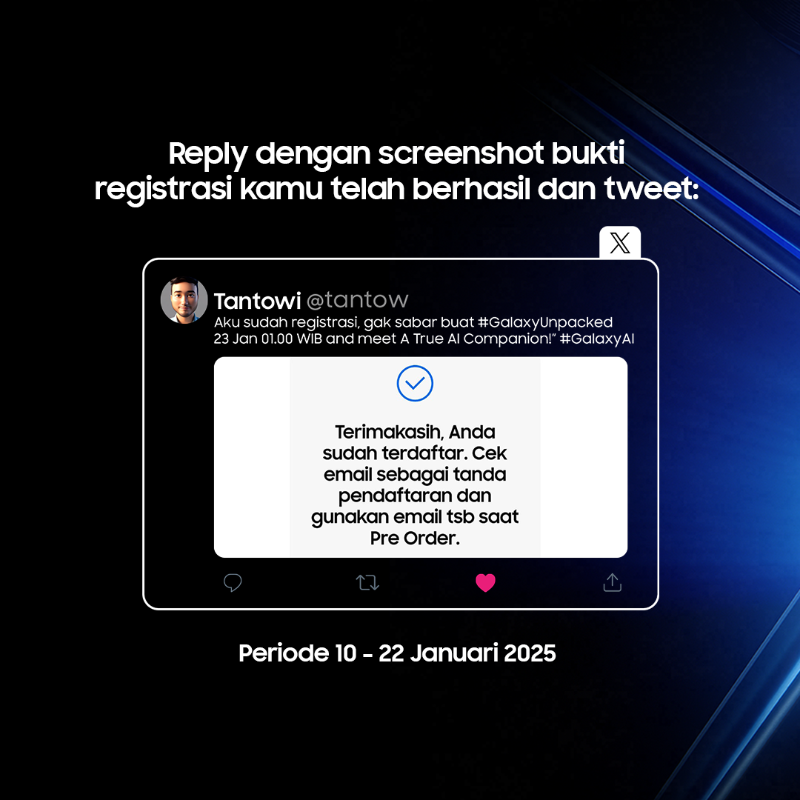 samsungID's tweet photo. Menangkan e-wallet 1 juta rupiah untuk 2 pemenang! Ikuti caranya! 🥳

- Registrasi di https://t.co/PPYdI0UfUY 
- RT, like &amp; reply, bukti registrasi + “Aku sudah registrasi, gak sabar buat #GalaxyUnpacked 23 Jan 01.00 WIB and meet the true AI!” #GalaxyAI