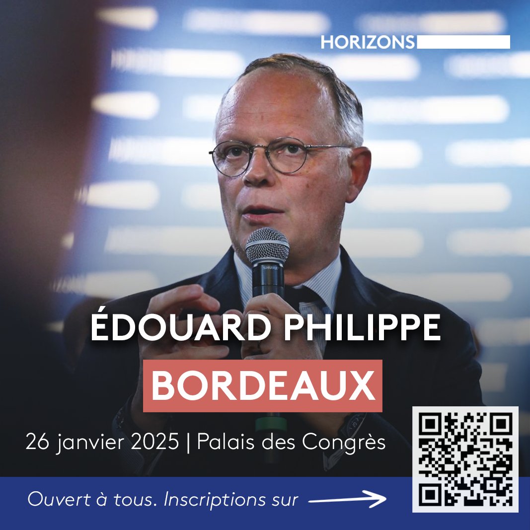 .<a href="/EPhilippe_LH/">Edouard Philippe</a> et #Horizons vous invitent au premier congrès interrégional de l'année 2025 :

📆 Dimanche 26 janvier dès 14h.
📍 Bordeaux, Palais des Congrès.

Les inscriptions sont ouvertes à tous :
→ form.qomon.org/inscription-bo…

Nous vous y attendons nombreux pour imaginer
