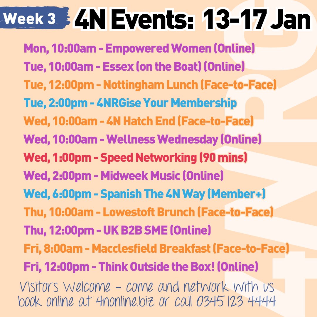 Thirteen opportunities to network with us next week, including our FREE "4NRGise Your Membership" session to help you get more out of networking.

Still plotting and planning new groups and ideas too, so keep the suggestions coming.