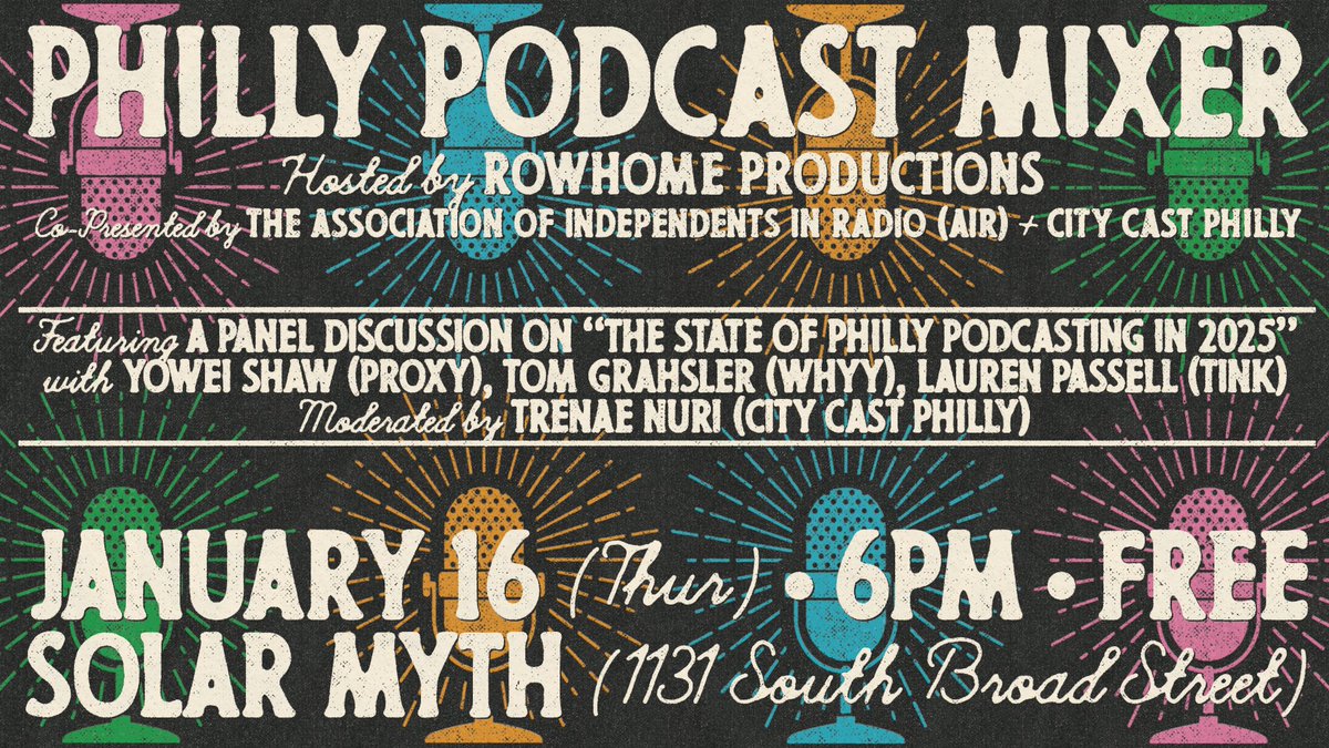 Alex Lewis (@alexjrlewis) on Twitter photo 📻 We're hosting our first Philly Podcast Mixer of '25 next Thursday, 1/16.
Come for the panel moderated by <a href="/TrenaeNuri/">Trenae V. Nuri</a> ft. <a href="/yowei_shaw/">Yowei Shaw</a>, <a href="/TomGrahsler/">jortado</a>, & <a href="/laurenpassell/">Lauren Passell Says No</a>. Stick around to hang with local (+ visiting!) audio makers all evening.
RSVP here: airmedia.org/jobs/training/… 📻 We're hosting our first Philly Podcast Mixer of '25 next Thursday, 1/16.
Come for the panel moderated by <a href="/TrenaeNuri/">Trenae V. Nuri</a> ft. <a href="/yowei_shaw/">Yowei Shaw</a>, <a href="/TomGrahsler/">jortado</a>, & <a href="/laurenpassell/">Lauren Passell Says No</a>. Stick around to hang with local (+ visiting!) audio makers all evening.
RSVP here: airmedia.org/jobs/training/…