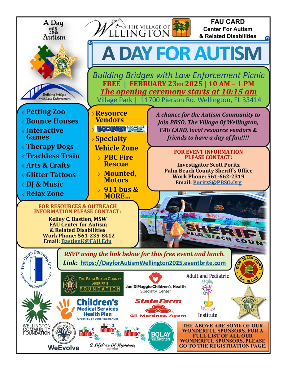 🗓️ Mark your calendar for Sunday, February 23rd!
⏰10 AM to 1 PM
📍 Village Park (11700 Pierson Road)
Join us for a day of connection, understanding, and fun at A Day for Autism! 
👉 RSVP now: …orAutismWellington2025.eventbrite.com