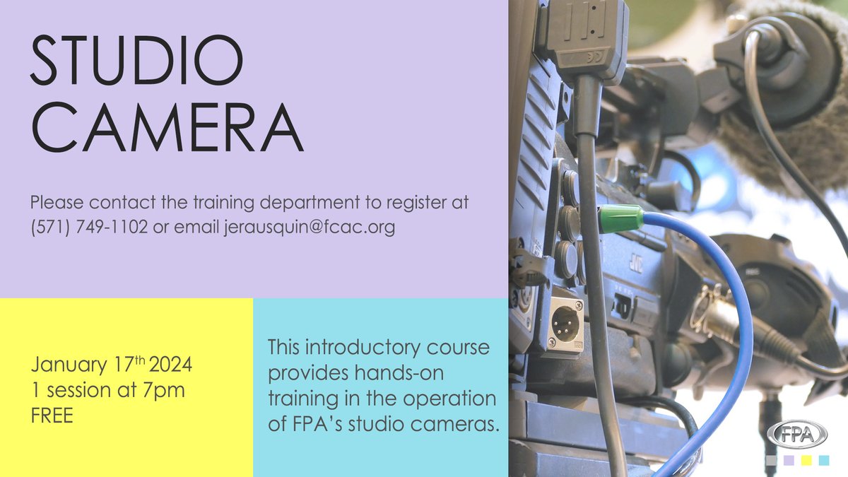 FPAtvradio's tweet image. By attending this free Studio Camera course, the participant becomes proficient enough to volunteer as a camera operator on studio shows produced at FPA and begins earning production experience.

#todayatfpa #studiocamera #publictelevision #communitymedia