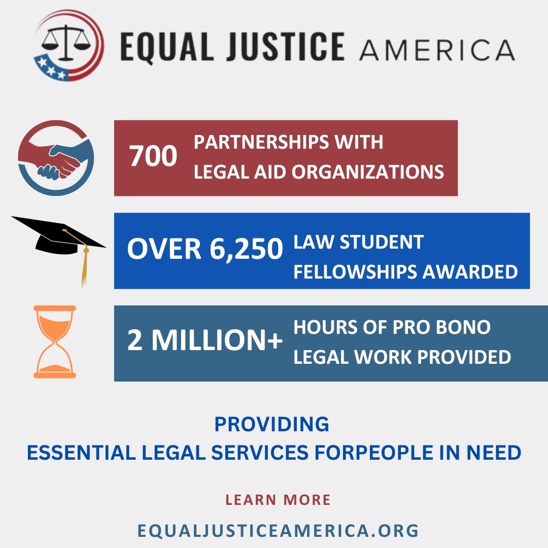 Since 1993, Equal Justice America has:
✅ Partnered with 700+ legal aid organizations
✅ Awarded 6,250+ fellowships
✅ Delivered 2M+ pro bono hours

EJA Fellows fight for justice for those most in need. 💪

➡️ Learn more at equaljusticeamerica.org