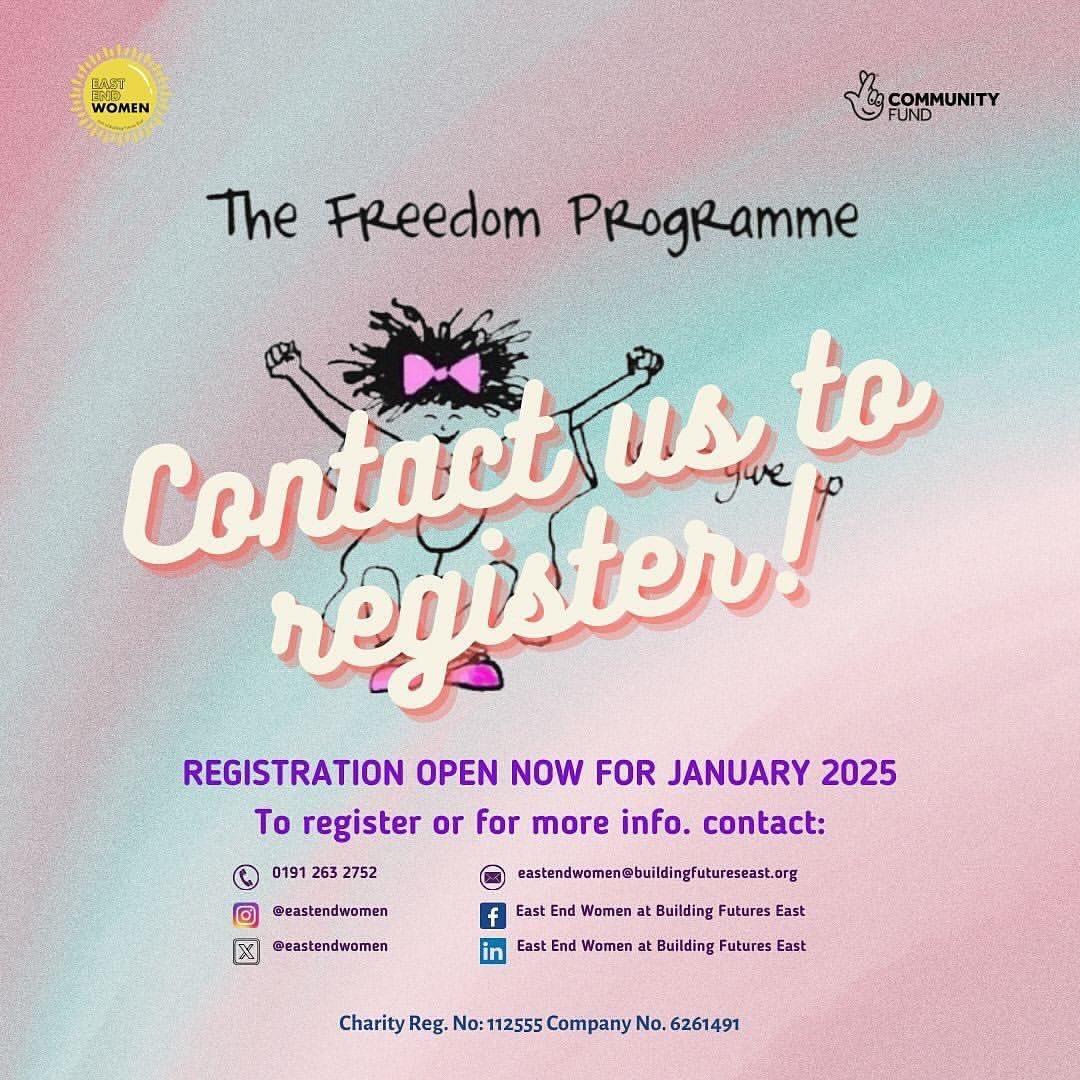 REGISTRATION OPEN FOR NEW COURSE BEGINNING 17th JANUARY
The Freedom Programme is a free, domestic abuse recovery programme open to ANY woman (18 years or over) who has been, or is being, subjected to abuse of any nature, and of any duration.