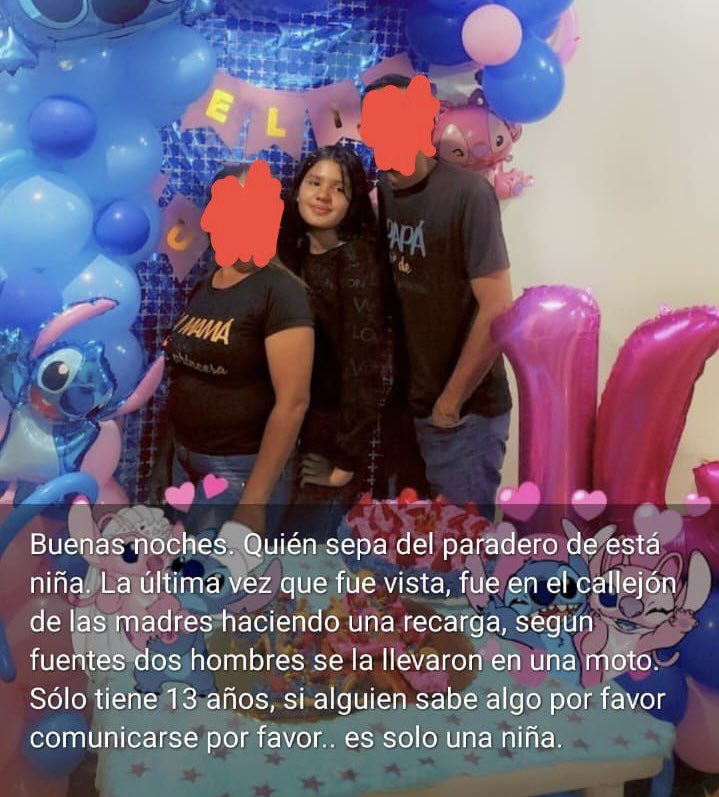 🚨𝐀𝐘𝐔𝐃𝐀 𝐀 𝐃𝐈𝐅𝐔𝐍𝐃𝐈𝐑!

Diosmary Quevedo de 13 años, se encuentra desaparecida.

Presuntamente fue secuestrada por 2 sujetos en moto la tarde de este jueves en el Callejon las Madres de la Silsa en Catia.

Cualquier información sobre su paradero, informar a las