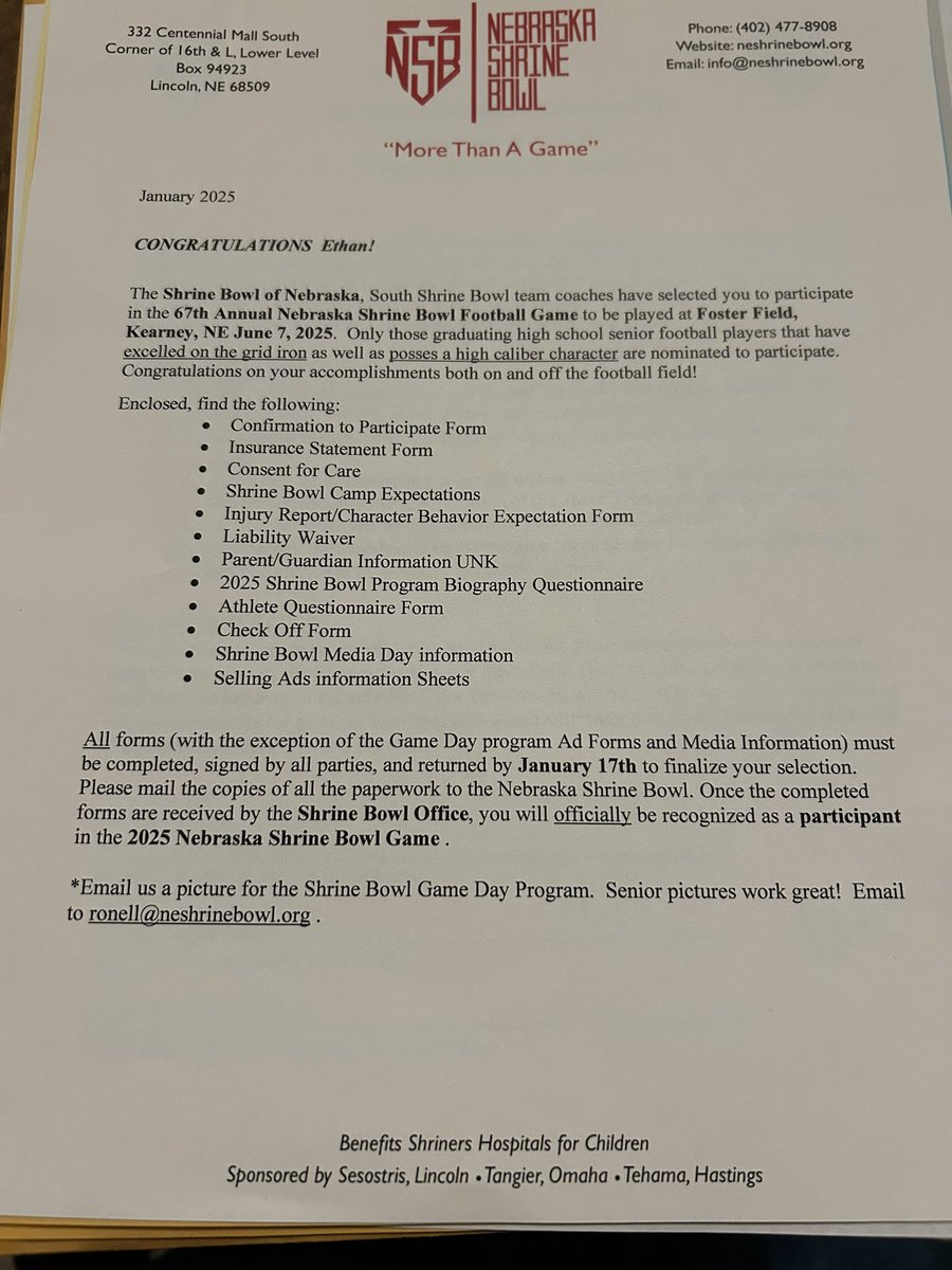 Blessed and excited to announce that I have been selected for the South team for the 67th Annual Nebraska Shrine Bowl! <a href="/NEShrineBowl/">Nebraska Shrine Bowl</a> <a href="/NEBHSFB/">Nebraska HS Football</a> <a href="/NE8manFB/">NEMFCA</a> <a href="/SCCougarsFB/">Sandy Creek Football 🏈</a>