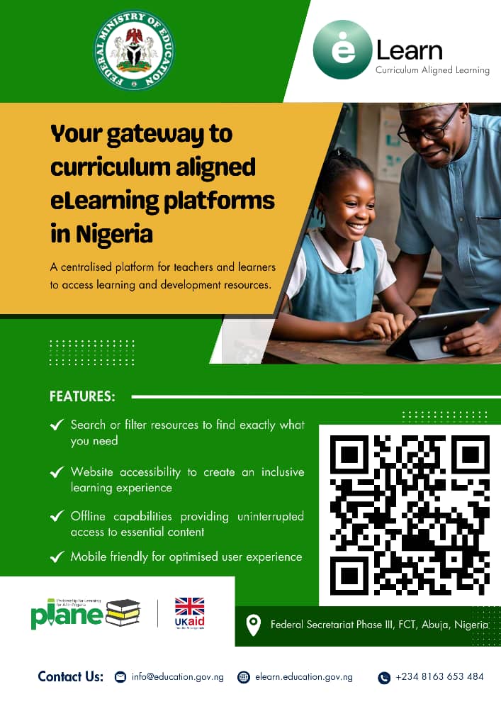 PLANE_Nigeria's tweet photo. Did you know?

In 2024, @NigEducation &amp; @PLANE_Nigeria, launched a centralised eLearn platform (https://t.co/wEA2Gbkek6) to transform education in Nigeria. This platform, provides high-quality, curriculum-aligned resources for learners &amp; teachers from basic to tertiary levels. https://t.co/FNTay2vP6w