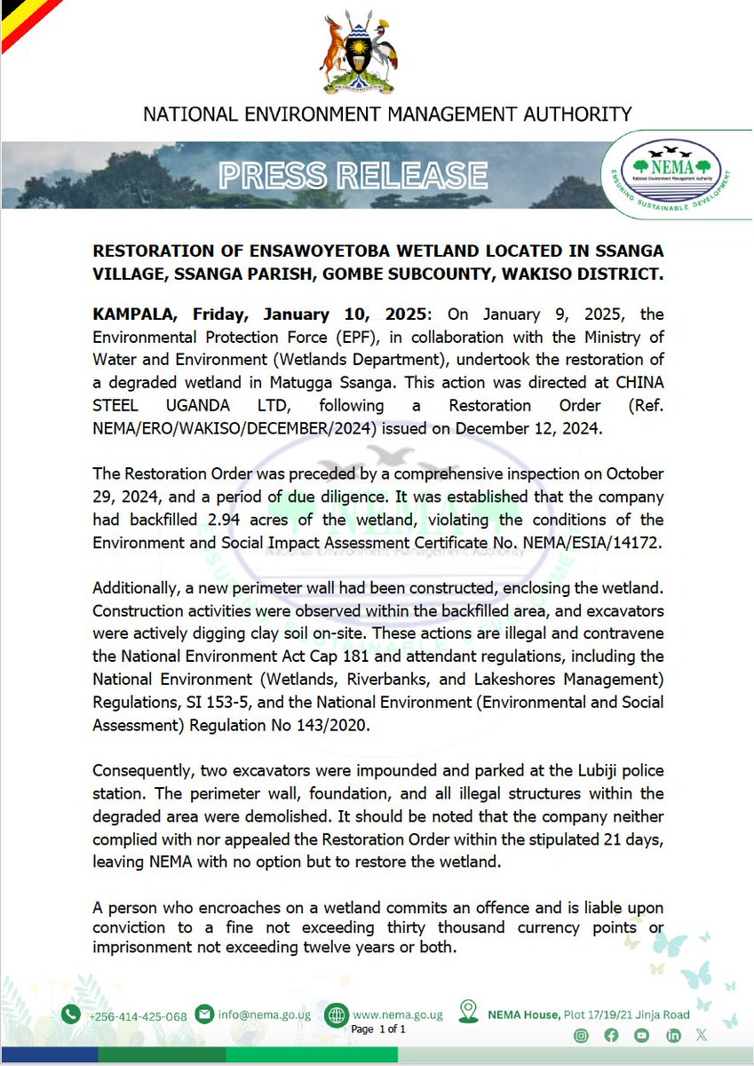 nemaug's tweet image. PRESS STATEMENT FOLLOWING THE RESTORATION OF ENSAWOYETOBA WETLAND IN WAKISO DISTRICT. 
Follow link to read more on the story. x.com/nemaug/status/…