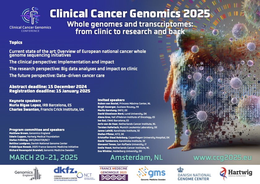 Edwin Cuppen (@ecuppen) on Twitter photo Less than a week for registration. Check out the program: ccg2025.eu. With keynotes by <a href="/nlbigas/">Nuria Lopez-Bigas</a> and <a href="/CharlesSwanton/">Charles Swanton</a> and exciting sessions on clinical implementation and impact, research insights and future developments around cancer whole genome sequencing
#ccg2025 Less than a week for registration. Check out the program: ccg2025.eu. With keynotes by <a href="/nlbigas/">Nuria Lopez-Bigas</a> and <a href="/CharlesSwanton/">Charles Swanton</a> and exciting sessions on clinical implementation and impact, research insights and future developments around cancer whole genome sequencing
#ccg2025