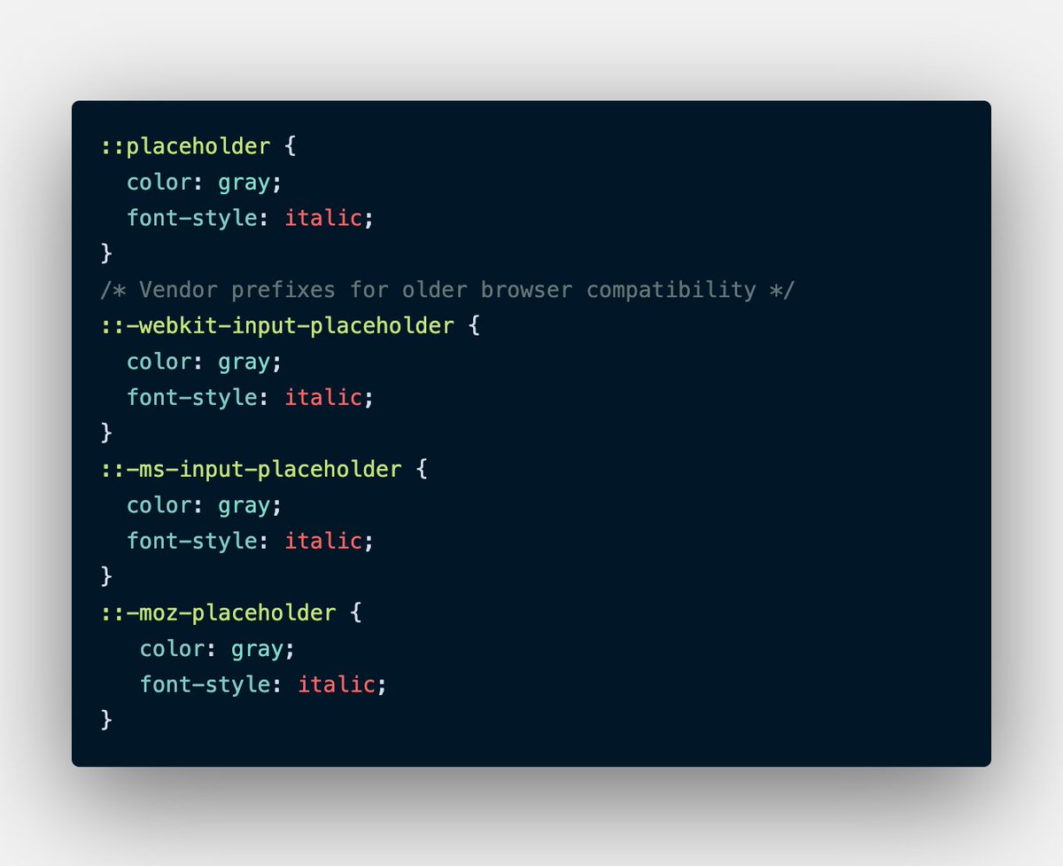 kausarpial's tweet photo. Quick Tip #001

Use the ::placeholder pseudo-element to style the default placeholder https://t.co/pe5zx4my0x