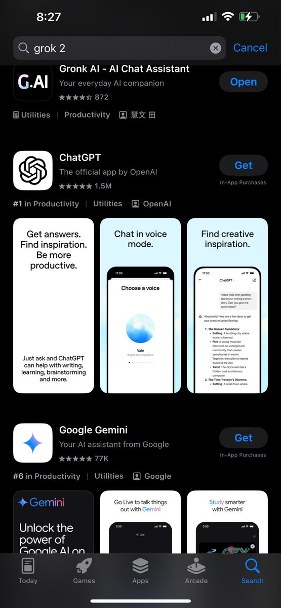 I went to install the new Grok app and accidentally installed some rip-off called Gronk.  When searching in the store search for Grok.  Not Grok 2.  It won't even show up in the results for Grok 2.  I really hate these bullshit curated search engines.  Here are the search results