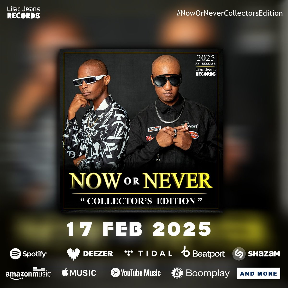 Our iconic album, Now or Never, is BACK! The Collector’s Edition drops 17th February 2025 on all digital platforms, including Spotify! 

Originally part of House Afrika Sessions Vol. 4, we are releasing it under Lilac Jeans Records with a brand-new cover.

This one’s for YOU🫵