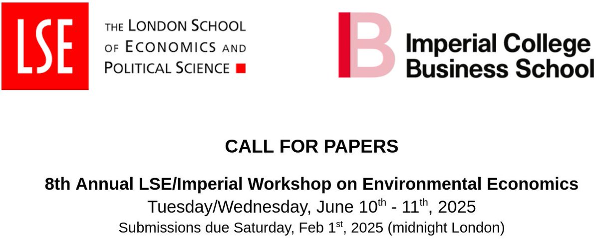 📢 Call for Papers! The 8th Annual LSE/Imperial Workshop on Environmental Econ. will be held in person at LSE on June 10-11 
✅ Submissions by Feb 1 
📄 Full papers only (no abstracts)
🎤 Keynote: Prof. Josh Graff Zivin 
🔗 Submit here: forms.gle/577G9RBZ1V79ap…
#econtwitter