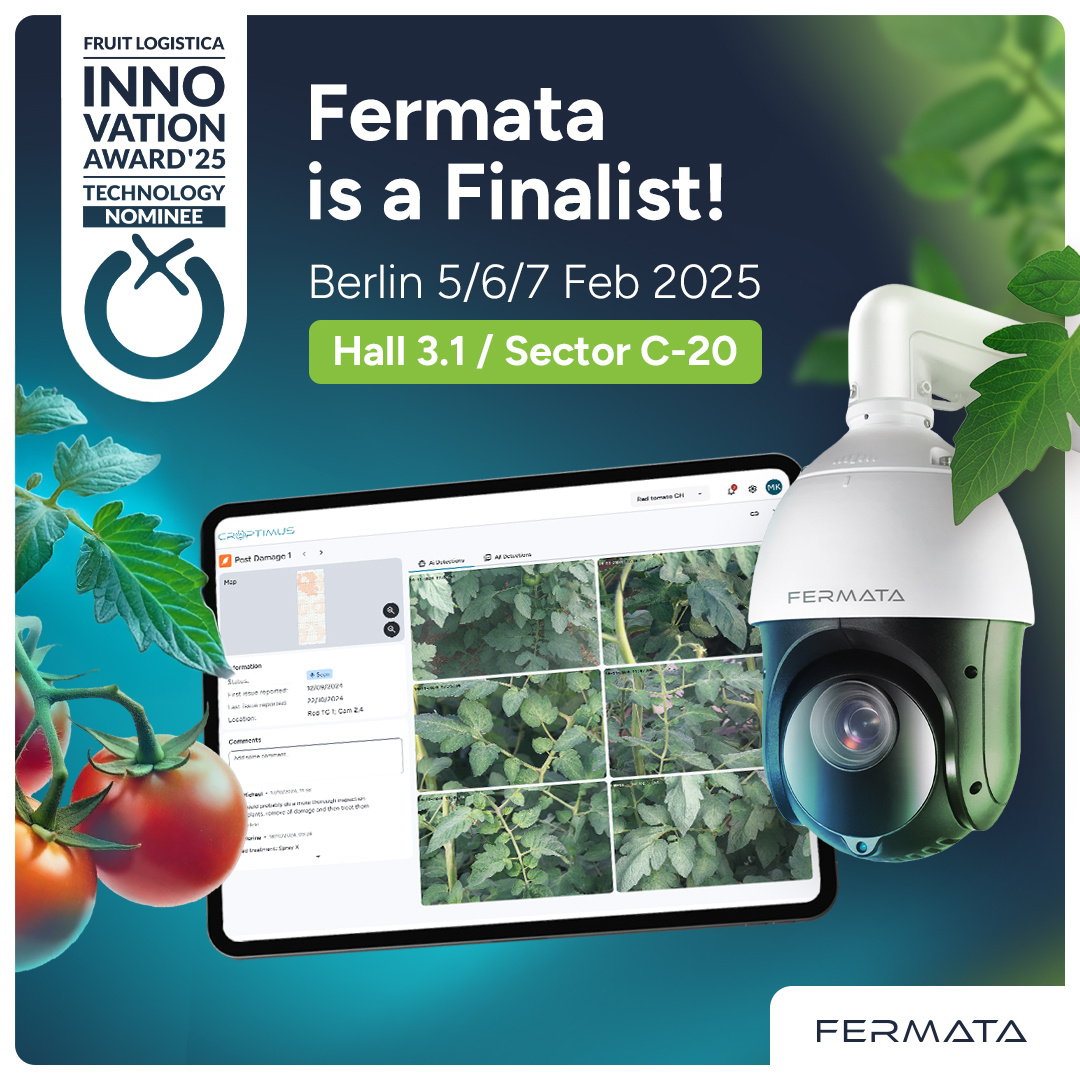 FermataTech's tweet image. Fermata is delighted to have been selected as a finalist for Fruit Logistica&apos;s Innovation Award 2025 for agricultural technology! Come see us at the show in Berlin on February 5th-7th to see what Croptimus™ can do for *your* grow, and wish us luck in the competition! #AI #Agtech