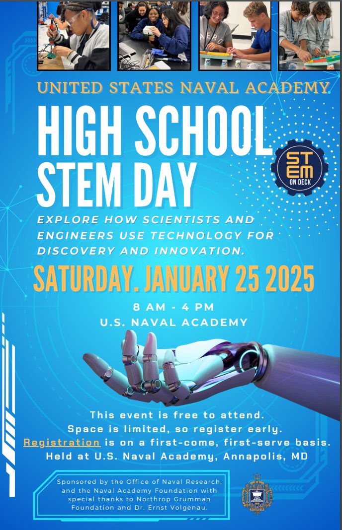 USNA STEM Center (@usnastemcenter) on Twitter photo An exciting opportunity for high school students later this month!
Head over to: usna.edu/STEM/applicati… to sign up for an amazing day at the <a href="/NavalAcademy/">U.S. Naval Academy</a>. An exciting opportunity for high school students later this month!
Head over to: usna.edu/STEM/applicati… to sign up for an amazing day at the <a href="/NavalAcademy/">U.S. Naval Academy</a>.