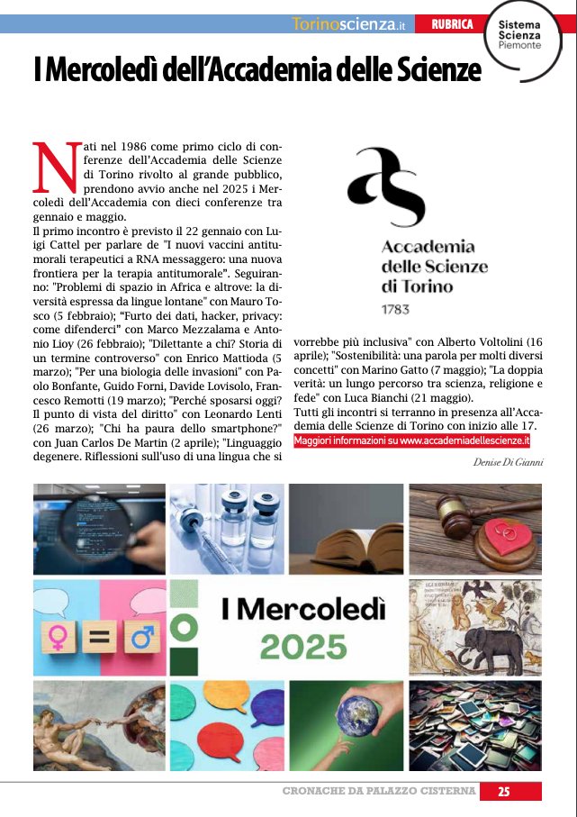 👉 Sull'ultimo numero di #Cronache, agenzia settimanale della Città metropolitana di Torino, nella rubrica dedicata alla #scienza e al #sistemascienzapiemonte parliamo dei Mercoledì dell'Accademia all'Accademia <a href="/ScienzeTo/">Accademia Scienze To</a>
