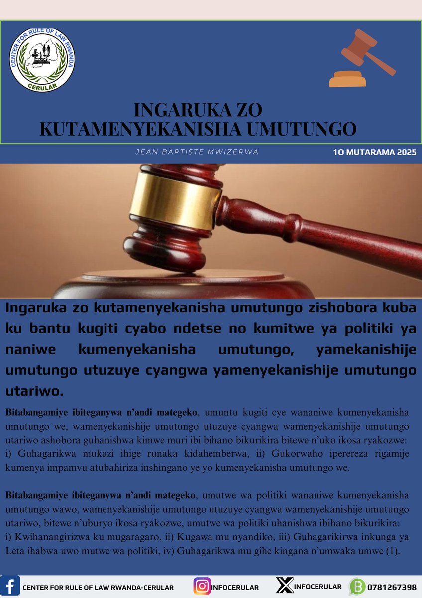 INGARUKA ZO KUTAMENYEKANISHA UMUTUNGO MU MATEGEKO.
______________________________

Izi ni zimwe mungaruka zo kutamenyekanisha umutungo ku bantu kugiti cyabo no kumitwe ya politiki, 👇

<a href="/InfoCerular/">Cerular</a> 
<a href="/RCSPRwanda/">RCSP Rwanda</a> 
<a href="/RwandaLocalGov/">Ministry of Local Government | Rwanda</a> 
<a href="/Rwanda_Justice/">Ministry of Justice</a>
