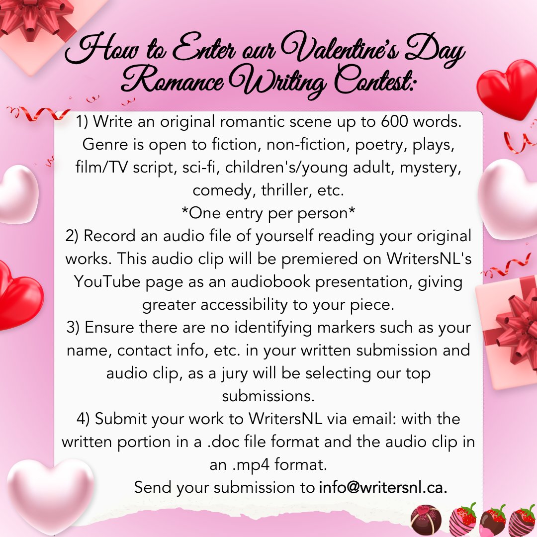 Every year, we put together a Valentine's Day E-Zine
filled with your beautiful stories to help spread
love, and 2025 is no different!

Do you have an original love story you've written?
Here's your chance to share your love story! For more info, visit: writersnl.ca/literary-award…
