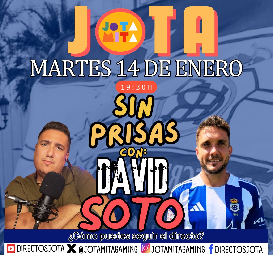 ¡VA VENGA! Lo lanzo ya.
El próximo Martes 14 de Enero a las 19:30h, se sentará en el "Sin Prisas" VOL. 9, el jugador del <a href="/recreoficial/">RC Recreativo de Huelva</a> DAVID SOTO <a href="/sotodavid22/">David Soto</a>.
¿Listos para el primer "Sin Prisas" del año?
:D