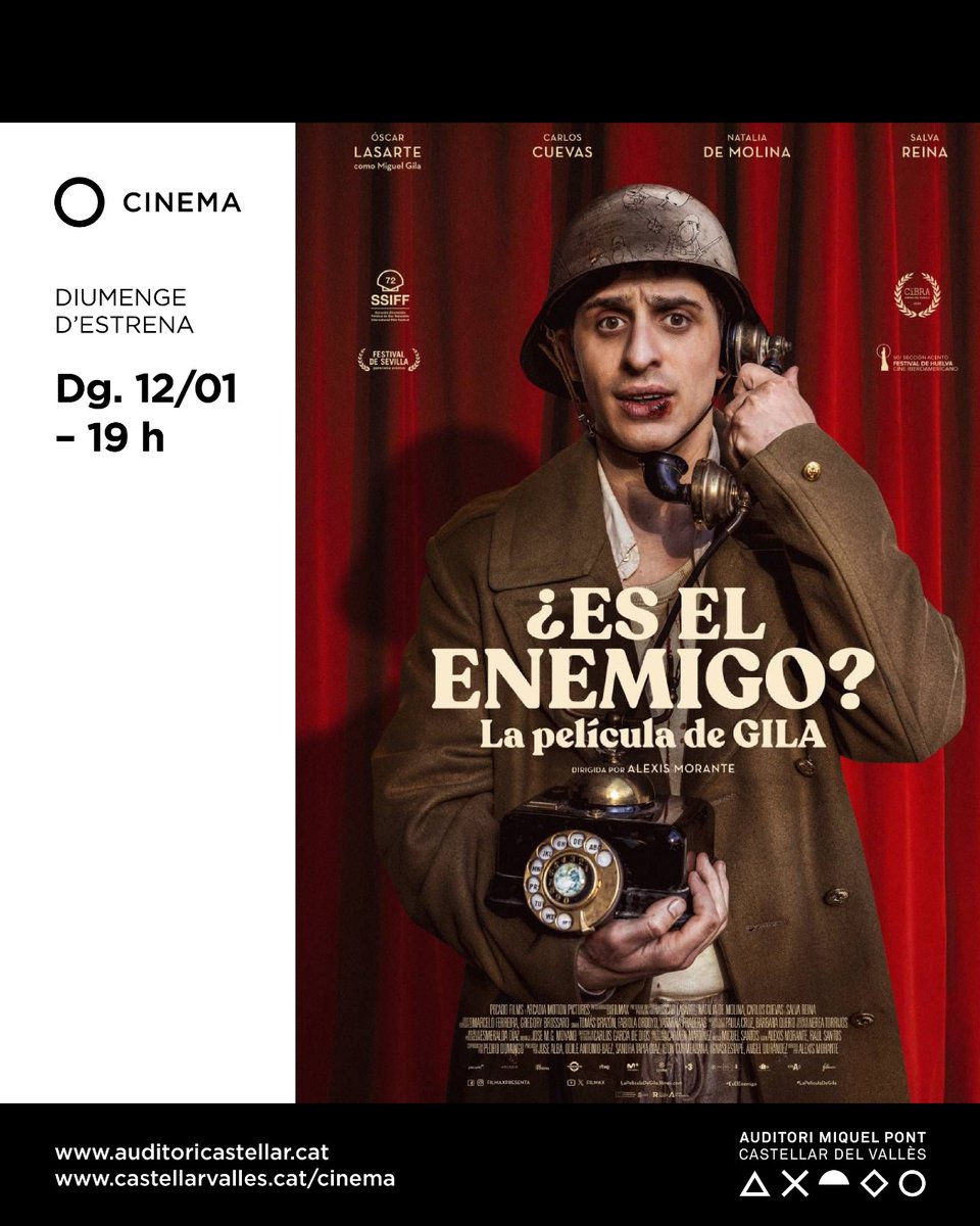 auditoricastellar (@auditoricast) on Twitter photo 🪖 Aquest diumenge arriba a #CastellardelVallès “¿Es el enemigo? La película de Gila”.
💫 Una tragicomèdia dirigida per Alexis Morante que t’emocionarà i et farà reflexionar.
📅 Dg. 12/01
🕖 19 h
📍 Auditori
🎟️ auditoricastellar.cat/es-el-enemigo/
<a href="/femcastellar/">Fem Castellar</a>
#auditoricastellar
#cinema 🪖 Aquest diumenge arriba a #CastellardelVallès “¿Es el enemigo? La película de Gila”.
💫 Una tragicomèdia dirigida per Alexis Morante que t’emocionarà i et farà reflexionar.
📅 Dg. 12/01
🕖 19 h
📍 Auditori
🎟️ auditoricastellar.cat/es-el-enemigo/
<a href="/femcastellar/">Fem Castellar</a>
#auditoricastellar
#cinema