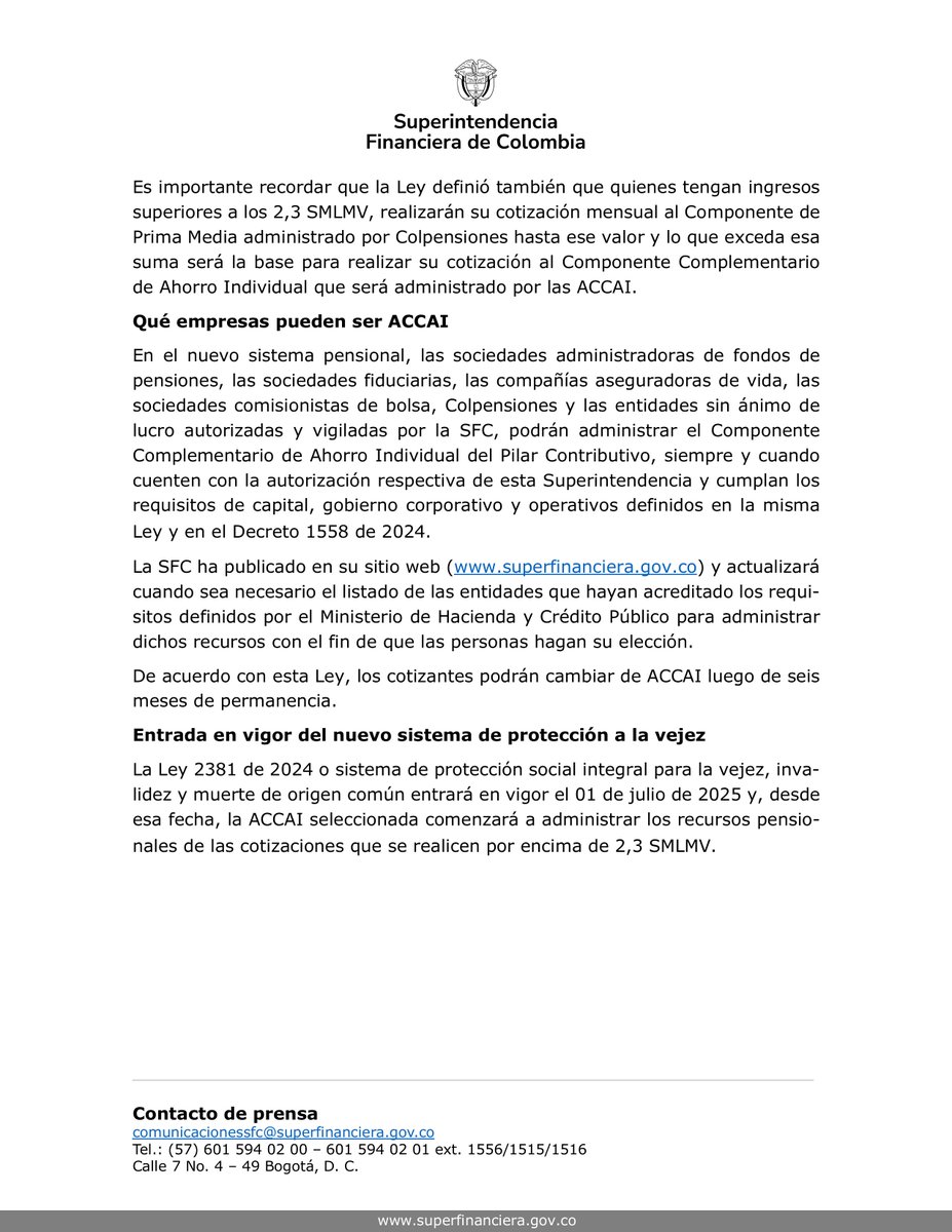 SFCsupervisor's tweet photo. El 16 de enero vence el plazo para que afiliados a Colpensiones a quienes les aplica el nuevo sistema de protección social integral elijan su Administradora del Componente Complementario de Ahorro Individual –ACCAI– https://t.co/PI5PILGfdZ https://t.co/1kQsVsw3iN