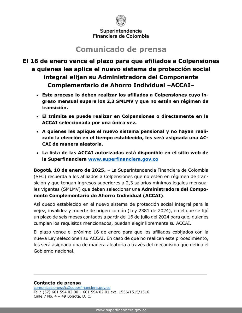 SFCsupervisor's tweet photo. El 16 de enero vence el plazo para que afiliados a Colpensiones a quienes les aplica el nuevo sistema de protección social integral elijan su Administradora del Componente Complementario de Ahorro Individual –ACCAI– https://t.co/PI5PILGfdZ https://t.co/1kQsVsw3iN