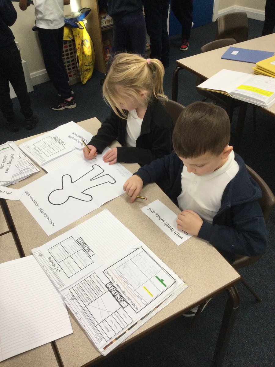 We are exploring the language used to describe Alexander T. wolf in the text in English this afternoon by finding words and phrases about him scattered around the classroom.