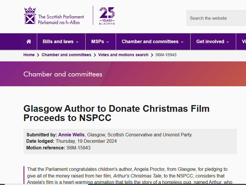 Overwhelmed to be recognised by <a href="/scotgov/">Scottish Government</a> for my involvement in Arthur's Christmas Tale. The short  animation is on <a href="/stvplayeruk/">stvplayeruk</a>  &amp; every view helps raise funds in aid of <a href="/NSPCC/">NSPCC</a> <a href="/NSPCC_Scotland/">NSPCC Scotland</a>  PLEASE watch the animation here: player.stv.tv/summary/thumbl…  <a href="/Douglas4Moray/">Douglas Ross MSP</a> <a href="/AJABurnett/">Alex Burnett MSP</a>