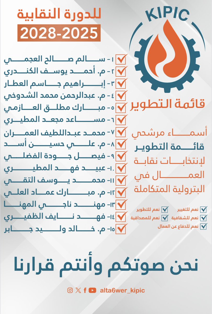 alta6wer_kipic's tweet image. أسماء مرشحي قائمة التطوير لإنتخابات نقابة العمال في البترولية المتكاملة

#نحن_صوتكم_وأنتم_قرارنا
#القطاع_النفطي
#البترولية_المتكاملة
#قائمة_التطوير