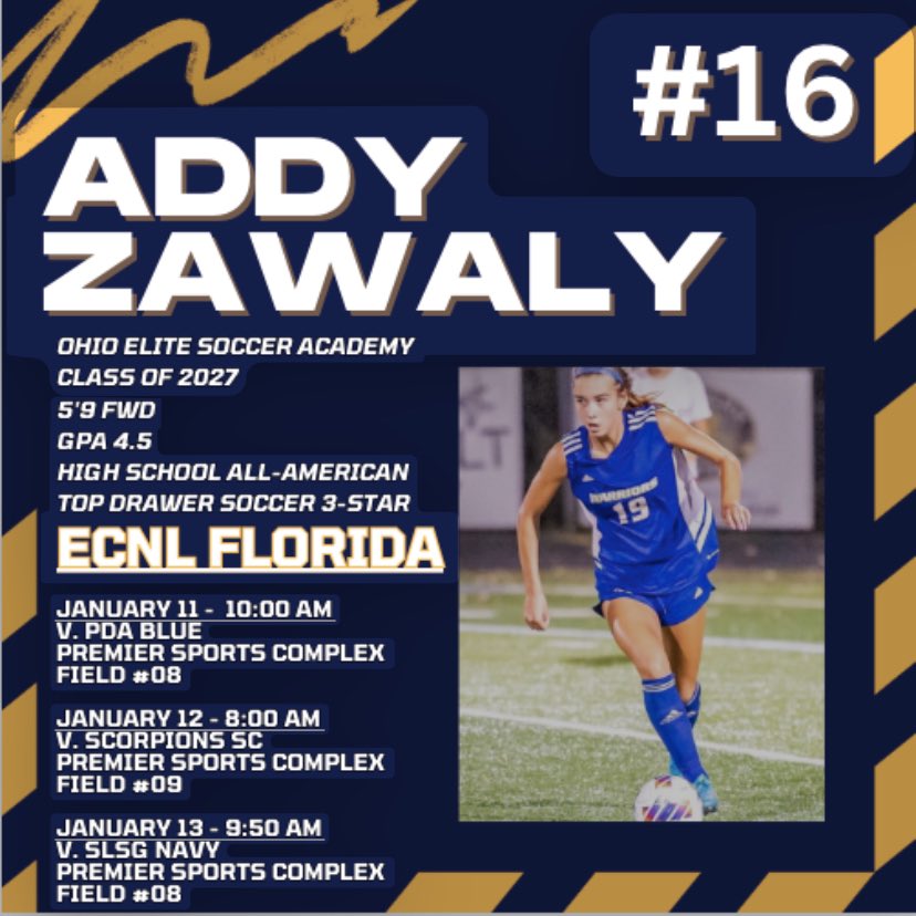 Addy Zawaly • ECNL 2027 (@addyzawaly) on Twitter photo Excited to leave the Ohio ❄️ behind for 3 HUGE games at #ECNLFL.
PDA Blue tomorrow at 10 AM on Field 8. Come watch us compete!!
<a href="/ImYouthSoccer/">ECNL/GA/Recruiting/College Soccer</a> <a href="/ohioelite/">Ohio Elite Soccer Academy</a> <a href="/TopDrawerSoccer/">TopDrawerSoccer</a> <a href="/PrepSoccer/">Prep Soccer ⚽️</a> Excited to leave the Ohio ❄️ behind for 3 HUGE games at #ECNLFL.
PDA Blue tomorrow at 10 AM on Field 8. Come watch us compete!!
<a href="/ImYouthSoccer/">ECNL/GA/Recruiting/College Soccer</a> <a href="/ohioelite/">Ohio Elite Soccer Academy</a> <a href="/TopDrawerSoccer/">TopDrawerSoccer</a> <a href="/PrepSoccer/">Prep Soccer ⚽️</a>