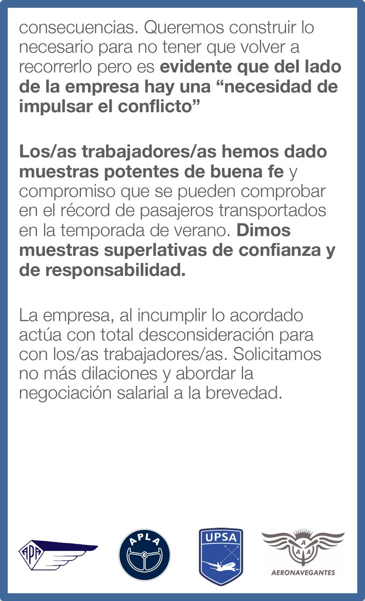 Apoyamos a los gremios aeronáuticos <a href="/APAERONAUTICOS/">APA</a>, <a href="/aplapilotos/">APLA</a>, <a href="/UPSA_Oficial/">UPSA</a> y <a href="/Aeronavegantes/">Aeronavegantes</a> quienes comunicaron que Aerolíneas y Optar se niegan a reabrir las negociaciones paritarias tal como estaba acordado y luego de las muestras de buena fe de los trabajadores.