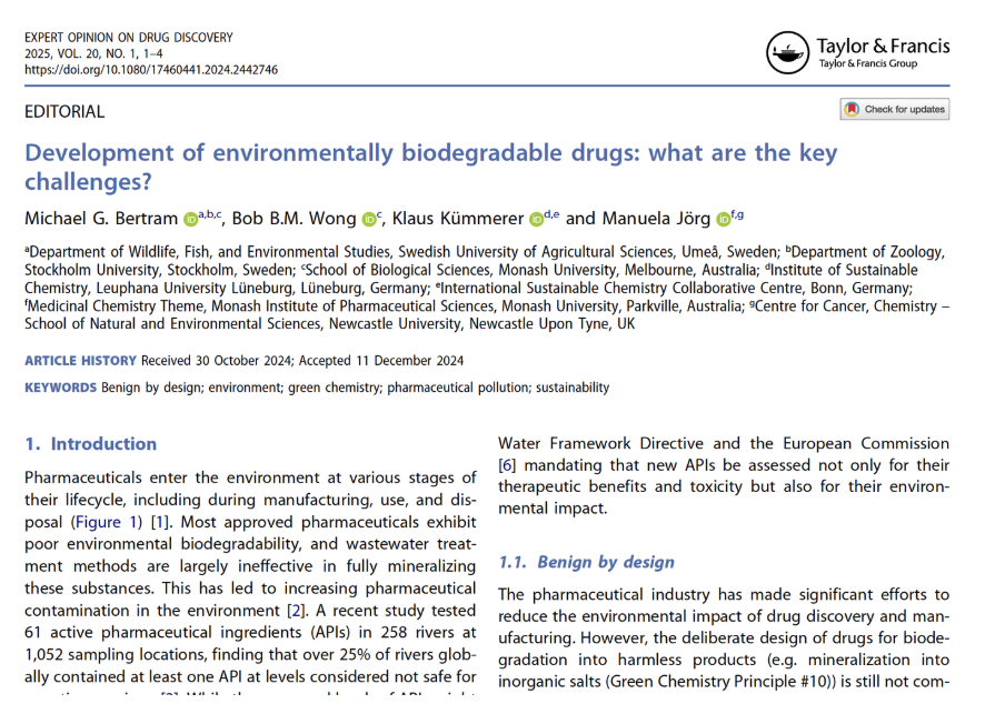 Excited to share our new editorial on the key remaining challenges in developing greener drugs 💊🌍

A great collaboration with <a href="/BBM_Wong/">Bob Wong (@bbmwong.bsky.social)</a> <a href="/MonashBiol/">School of Biological Sciences, Monash</a>, Klaus Kümmerer <a href="/leuphana/">Leuphana</a>⁩, and Manuela Jörg <a href="/MIPS_Australia/">Monash Institute of Pharmaceutical Sciences</a>!

Free access👉 tandfonline.com/doi/full/10.10…