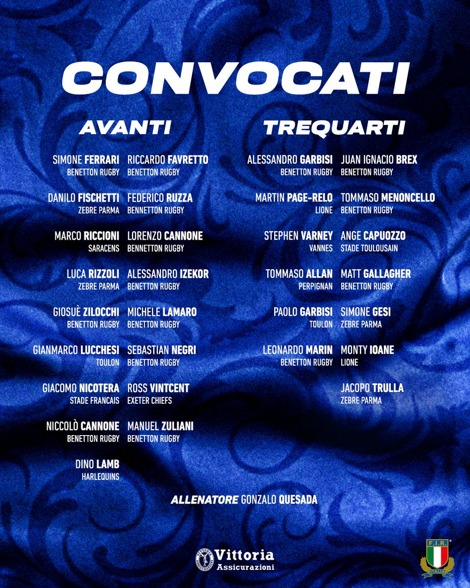 Italrugby (@federugby) on Twitter photo I convocati del C.T. Gonzalo #Quesada in vista del primo raduno in preparazione al <a href="/SixNationsRugby/">Guinness Men's Six Nations</a>👇
Invitati: Giulio Bertaccini (Valorugby Emilia), Matteo Canali (Zebre Parma), Tommaso Di Bartolomeo (Zebre Parma) e Muhamed Hasa (Zebre Parma)
#italrugby #GuinnesM6N I convocati del C.T. Gonzalo #Quesada in vista del primo raduno in preparazione al <a href="/SixNationsRugby/">Guinness Men's Six Nations</a>👇
Invitati: Giulio Bertaccini (Valorugby Emilia), Matteo Canali (Zebre Parma), Tommaso Di Bartolomeo (Zebre Parma) e Muhamed Hasa (Zebre Parma)
#italrugby #GuinnesM6N
