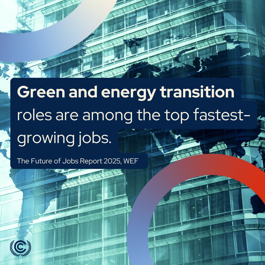 UN Climate Change (@unfccc) on Twitter photo The green transition is unstoppable. 💚
@WEF estimates 78M net new jobs by 2030, with green and energy transition roles among the fastest-growing.
Read the full Future of Jobs Report: bit.ly/4ajCPcU The green transition is unstoppable. 💚
@WEF estimates 78M net new jobs by 2030, with green and energy transition roles among the fastest-growing.
Read the full Future of Jobs Report: bit.ly/4ajCPcU