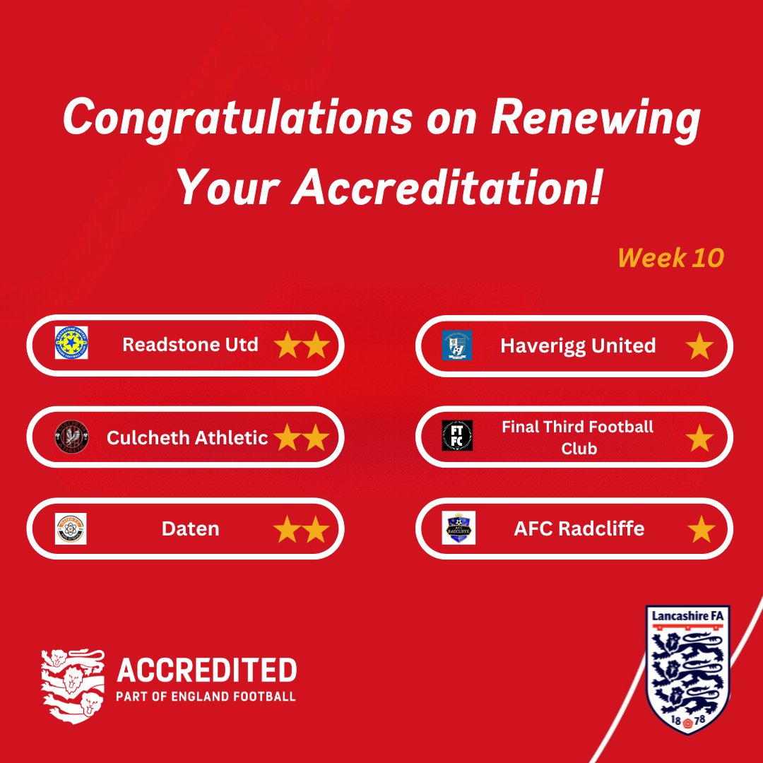 🟥 Accreditation 🟥

Congratulations to the 2⃣0⃣ clubs who have renewed their accreditation over Week 10 of the window!

#getaccredited #stayaccredited