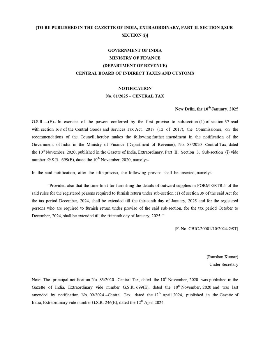Infosys_GSTN's tweet photo. Dear Taxpayers,📢  

Due Date for filling  GSTR-1 and GSTR-3B have been extended by two days. For details, Please refer to the notification number 01/2025 and 02/2025 dated 10.01.2025 issued by CBIC.
