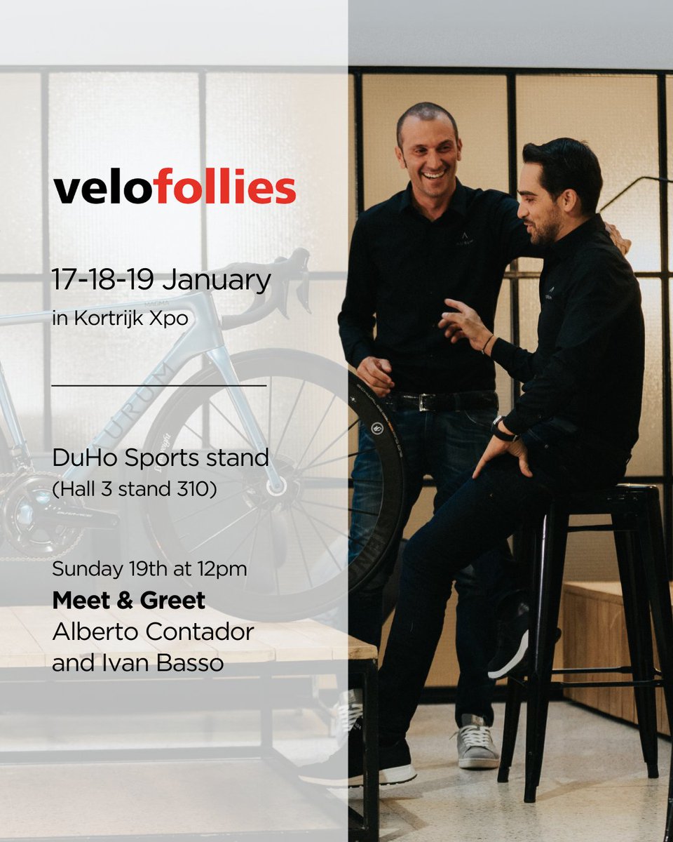 AURUM (@aurumbikes) on Twitter photo Hallo België! 👋🏻
AURUM will be at <a href="/Velofollies/">Velofollies</a> next week. From the 17th to the 19th of January we'll be at the first international bike event of the season with DuHo Sports.
<a href="/albertocontador/">Alberto Contador</a> and <a href="/ivanbasso/">ivanbasso</a> will be joining us for a meet & greet on Sunday 19th,
#AURUMBikes Hallo België! 👋🏻
AURUM will be at <a href="/Velofollies/">Velofollies</a> next week. From the 17th to the 19th of January we'll be at the first international bike event of the season with DuHo Sports.
<a href="/albertocontador/">Alberto Contador</a> and <a href="/ivanbasso/">ivanbasso</a> will be joining us for a meet & greet on Sunday 19th,
#AURUMBikes