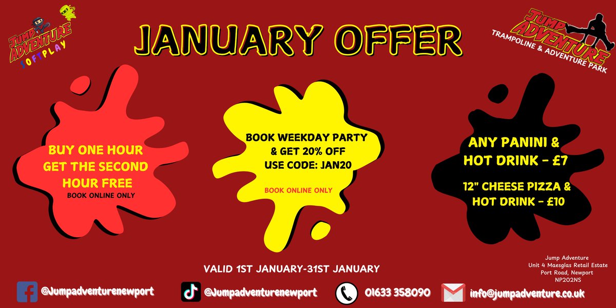 Amazing January Offers 🥳

• Open Jump Offer
• Weekday Party Offer
• Café Offer

Valid from: 6th January - 31st January 2024
Don't miss out—start your year with incredible fun!
Book Now:
 jumpadventure.co.uk
01633 358090
#Trampolinepark #jumpadventure #newport #wales