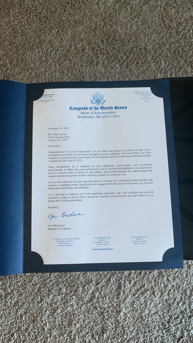 Ethan Larson (@1ethanlarson) on Twitter photo Absolutely honored to have received a congressional nomination to The United States Air Force, Naval, and Merchant Marine Academy! Another childhood goal accomplished ✈️‼️
<a href="/jake8shakes/">Coach Jake Campbell</a> <a href="/Brian_Knorr/">Brian Knorr</a> <a href="/CoachTCalhoun/">Troy Calhoun</a> <a href="/CoachEricLewis/">Coach Lewis</a> <a href="/CoachRickyBrown/">Ricky Brown</a> @CoachJ_Williams <a href="/Drew_Cronic/">Coach Cronic @ Navy</a> Absolutely honored to have received a congressional nomination to The United States Air Force, Naval, and Merchant Marine Academy! Another childhood goal accomplished ✈️‼️
<a href="/jake8shakes/">Coach Jake Campbell</a> <a href="/Brian_Knorr/">Brian Knorr</a> <a href="/CoachTCalhoun/">Troy Calhoun</a> <a href="/CoachEricLewis/">Coach Lewis</a> <a href="/CoachRickyBrown/">Ricky Brown</a> @CoachJ_Williams <a href="/Drew_Cronic/">Coach Cronic @ Navy</a>