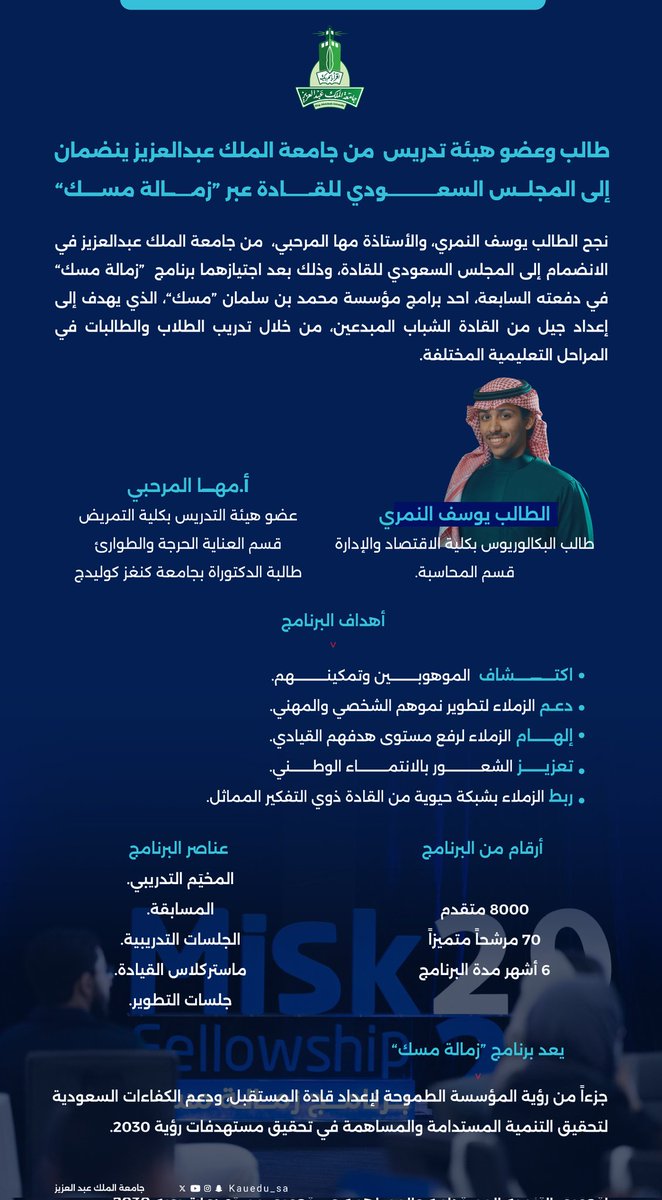 تبارك #جامعة_الملك_عبدالعزيز للطالب يوسف النمري، وعضو هيئة التدريس أ. مها المرحبي، اجتيازهما برنامج #زمالة_مسك، وانضمامهما إلى المجلس السعودي للقادة.