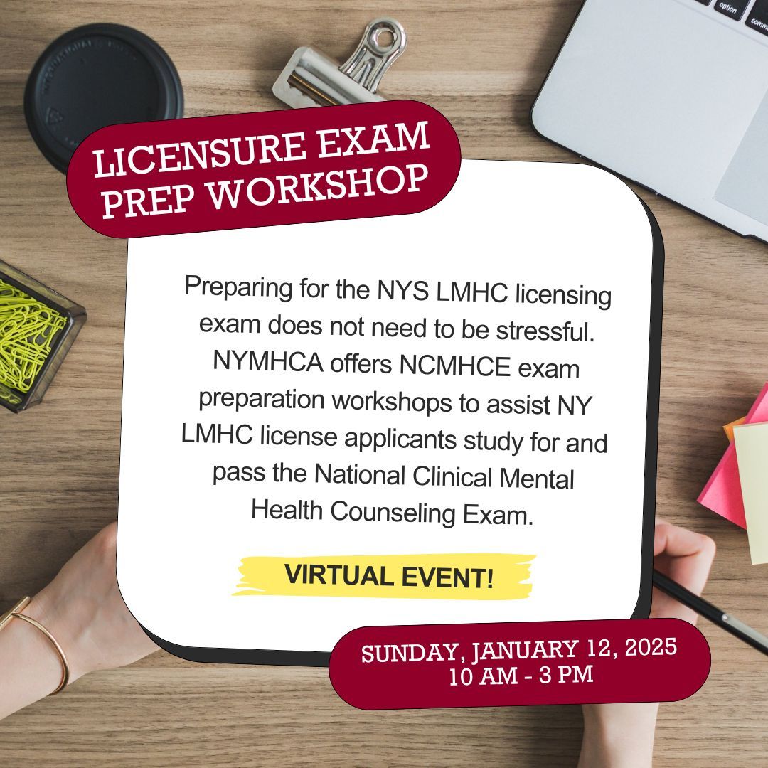 💭 Preparing for the NYS LMHC Licensing Exam doesn’t have to be overwhelming!

Join us for a Virtual Licensure Exam Prep Workshop on January 12, 2025, 10 AM - 3 PM, and get step-by-step guidance to help you pass the NCMHCE.🎓✨

buff.ly/3ZNoDE1