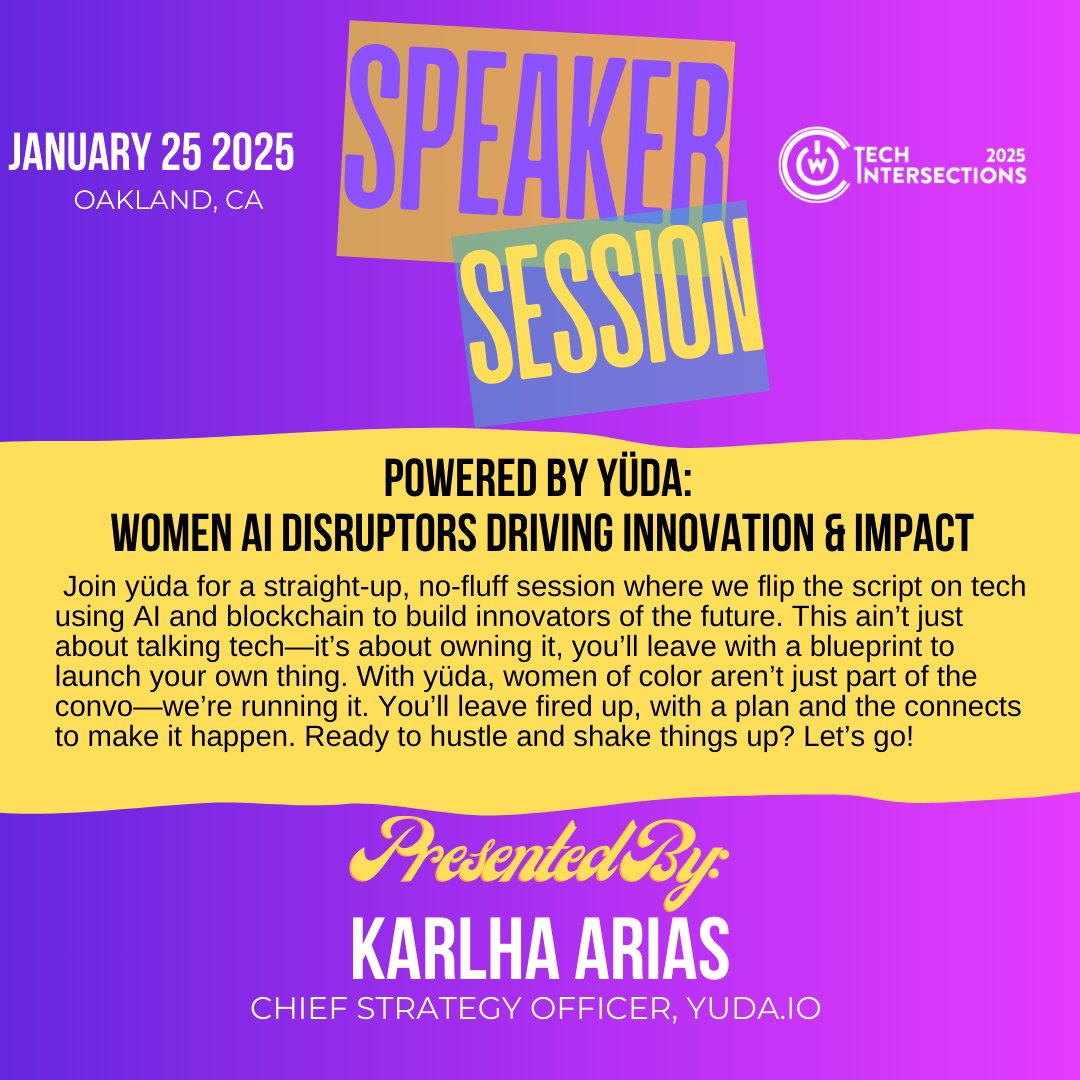 tech_intersect's tweet image. Discover the intersection of tech and equity with Karlha Arias in "Powered by @yuda_io: Driving Innovation & Impact."
🗓️ Jan 25 | #MillsCollege, #Oakland
🎟️ Tickets: bit.ly/2025techinters…
#UnbreakableTechLeaders #WOCinTech