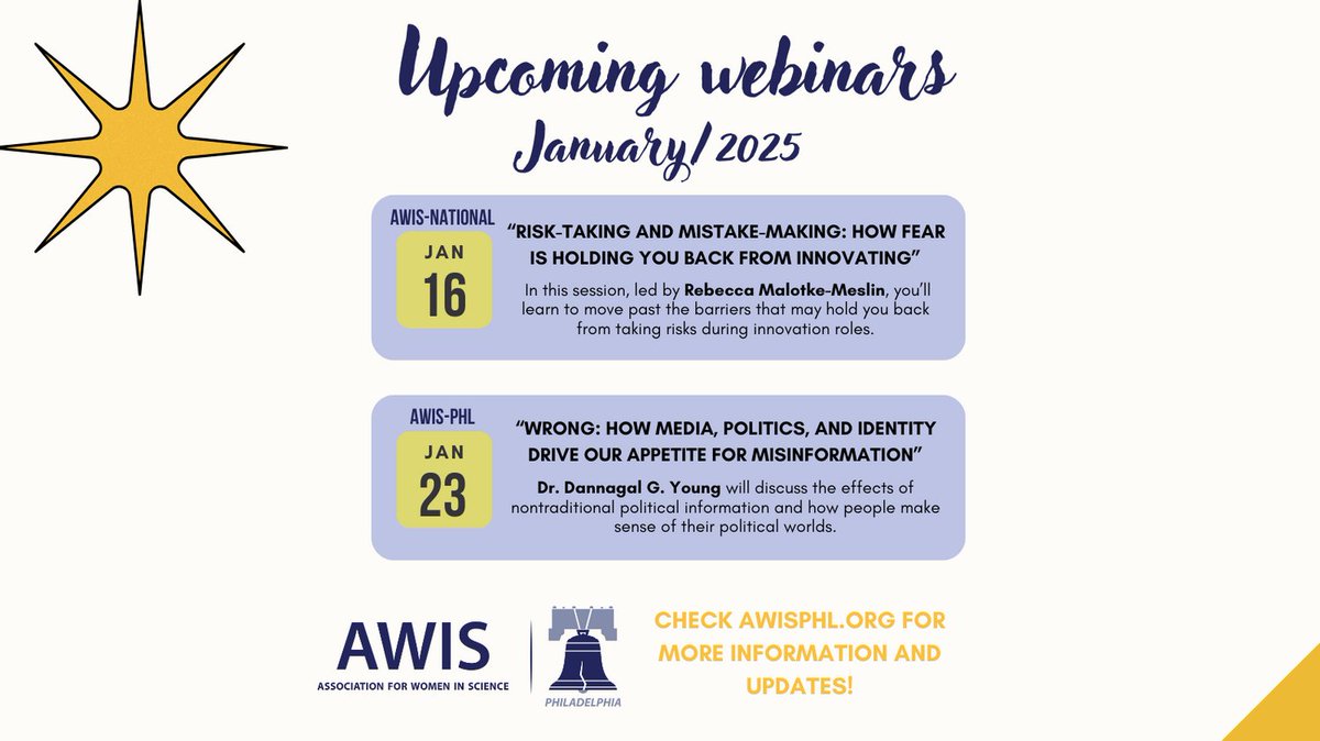 AWISPHL's tweet image. Keep an eye on our upcoming webinars!
Jan-16: "Risk-taking and mistake-making: how fear is holding you back from innovating"
Jan-23: "Wrong: how media, politics, and identity drive our appetite for misinformation"
Find more information and register now: awisphl.org